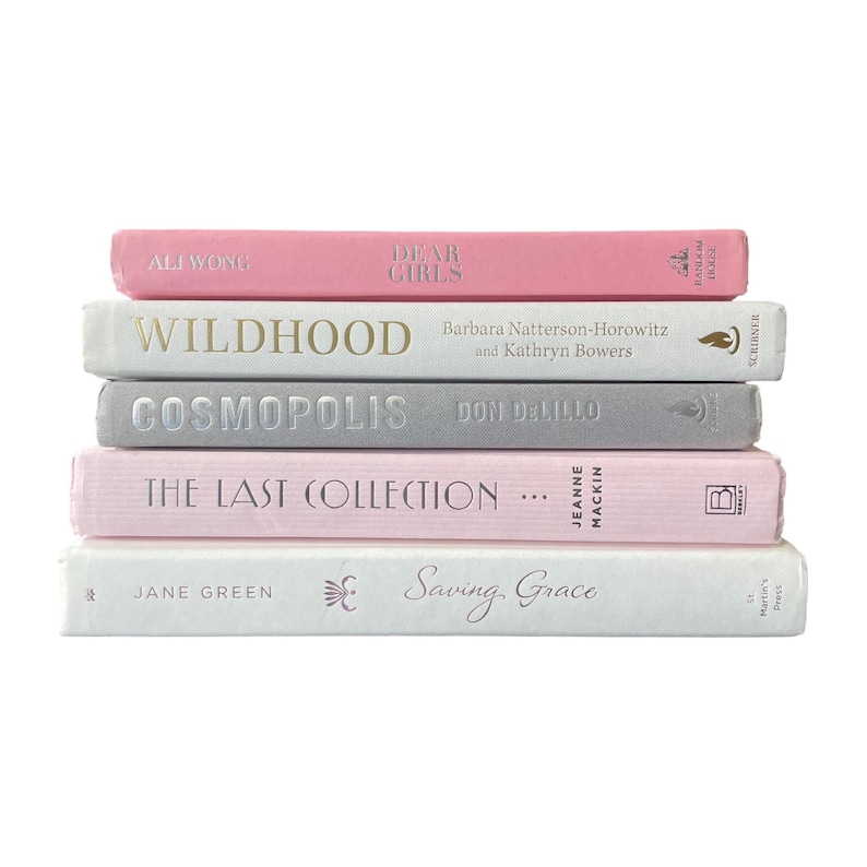 K&ouml;nnte beinhalten: Ein Stapel von f&uuml;nf Hardcover-B&uuml;chern in Pastellfarben. Titel sind unter anderem "Dear Girls", "Wildhood", "Cosmopolis", "The Last Collection" und "Saving Grace". Die B&uuml;cher sind in Rosa, Grau und Wei&szlig; gehalten.