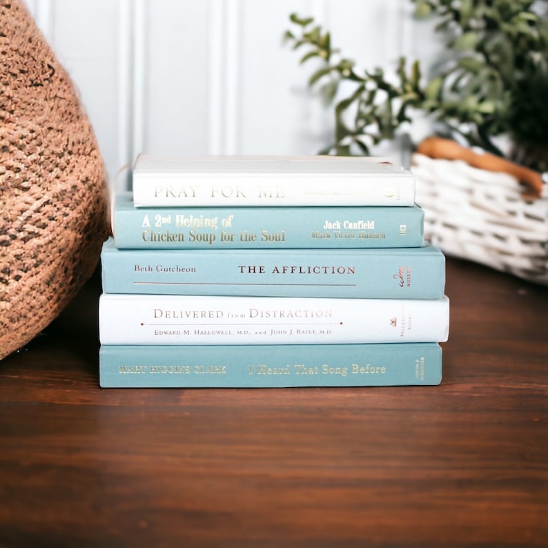 May include: A stack of five blue and white books with titles including "Pray for Me", "A 2nd Helping of Chicken Soup for the Soul", "The Affliction", "Delivered from Distraction", and "I Heard That Song Before".