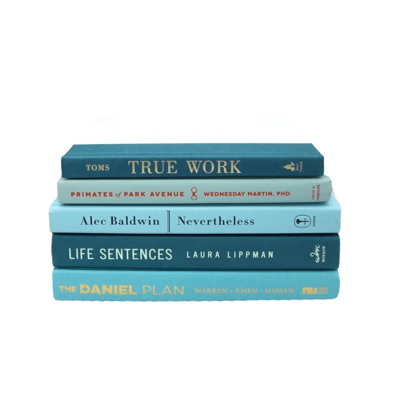 K&ouml;nnte beinhalten: Ein Stapel von f&uuml;nf gebundenen B&uuml;chern in Teal und Hellblau mit goldenen Schriftz&uuml;gen auf den R&uuml;ckseiten. Die Titel lauten "True Work", "Primates of Park Avenue", "Nevertheless", "Life Sentences" und "The Daniel Plan".