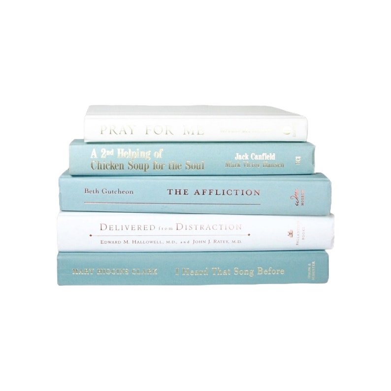 May include: A stack of five blue and white hardcover books with gold lettering. The titles include "Pray for Me", "A 2nd Helping of Chicken Soup for the Soul", "The Affliction", "Delivered from Distraction", and "I Heard That Song Before".