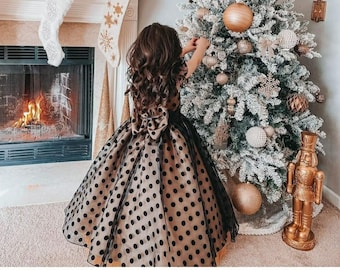 Black Polka Dot Dress, Elegant Dress, Girl Princess Dress, Toddler Gown Dress, 1st Birthday Dress, Party Dress