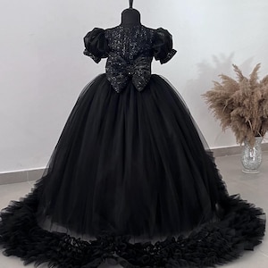 Black Tailed Wedding Dress, Graduation Party Dress, Ball Gown, Flower Girl Dress, Tutu Girl Dress With Train, First Holy Communion Dress