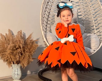 Orange Pebbles Costume, Pebbles Flintstones Inspired Tutu Dress For Toddler, Pebbles Flintstones Birthday Girl Kids Outfit