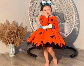 Pebble İnspired Party Costume For Girls, Flintstone Orange Dress For Kids