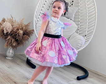 Vestido de Minnie Mouse con lentejuelas rosas: disfraz hecho a mano para niñas
