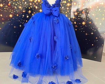 Royal Blue Girls Prom Party Dress, Puffy Birthday Dress, Girls Blue Wedding Dress