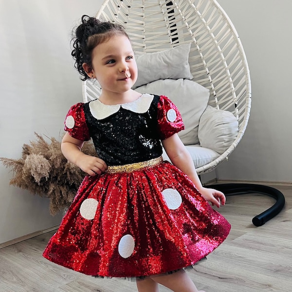 Disfraz de cumpleaños inspirado en Minnie Mouse para niña, vestido de fiesta de Minnie Mouse rojo para niños pequeños, vestido de lunares rojos para niños