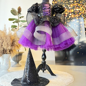 Little Girl Witch Costume, Black and Purple Halloween Costume for Girls, Cute Halloween Outfit, Little Girl Witch Dress
