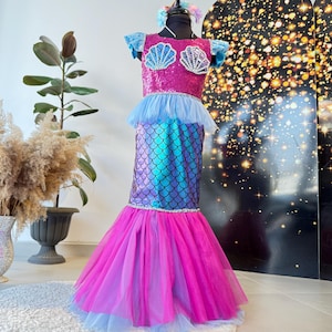 Mermaid Costume Set for Girls, Blue and Fuchsia Sparkle Dress with Pearls & Tulle, Halloween Mermaid Outfit with Hair Clip