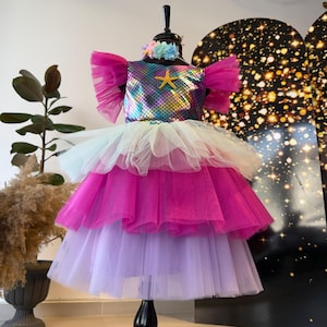 Halloween Mermaid Costume Set for Girls, Blue and Fuchsia Sparkle Dress with Pearls & Tulle,  Mermaid Outfit with Hair Clip