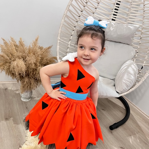 Pebbles Flintstone Outfit for Kids,Pebbles Costume for Toddler, Stone Age Themed Dress, Pebbles Outfit for Girl, Concept Party Dress