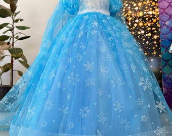 Frozen Elsa Inspired Blue Princess Dress: Tulle Gown with Feather Cape