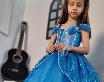 Cinderella Birthday Party Dress, Cinderella Ball Gown,Handmade Cindirella Costume For Kids, Blue Puffy Tulle Ball Gown