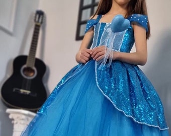 Cinderella Birthday Party Dress, Cinderella Ball Gown,Handmade Cindirella Costume For Kids, Blue Puffy Tulle Ball Gown