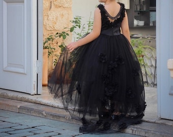 Handmade Toddler Black Tailed Wedding Dress, Toddler Girl Graduation Party Dress, Ball Gown, Flower Girl Dress, Stylish Dress For Girls,