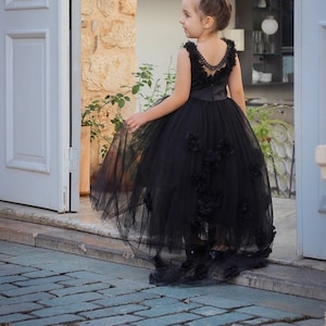 Handmade Toddler Black Tailed Wedding Dress, Toddler Girl Graduation Party Dress, Ball Gown, Flower Girl Dress, Stylish Dress For Girls,