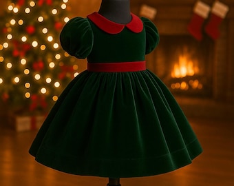 Green Velvet Holiday Dress: Twirly Christmas Outfit, Handmade USA