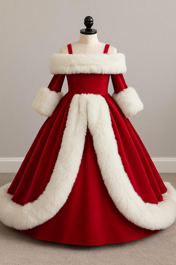 Luxury Red Velvet Christmas Dress for Girls | Santa Holiday Gown with White Fur Trim Luxury Red Velvet Christmas Dress for Girls | Santa Holiday Gown with White Fur Trim
