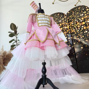 May include: A pink and white costume with gold trim and a matching hat. The dress features a layered skirt and decorative fringe on the shoulders. The costume is displayed on a black mannequin stand.