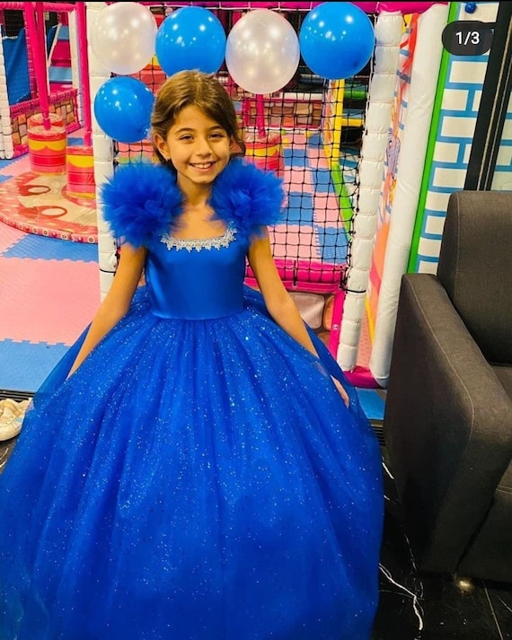 collar profesional Manga Vestidos de princesa azul real vestido de baile para niñas - Etsy México