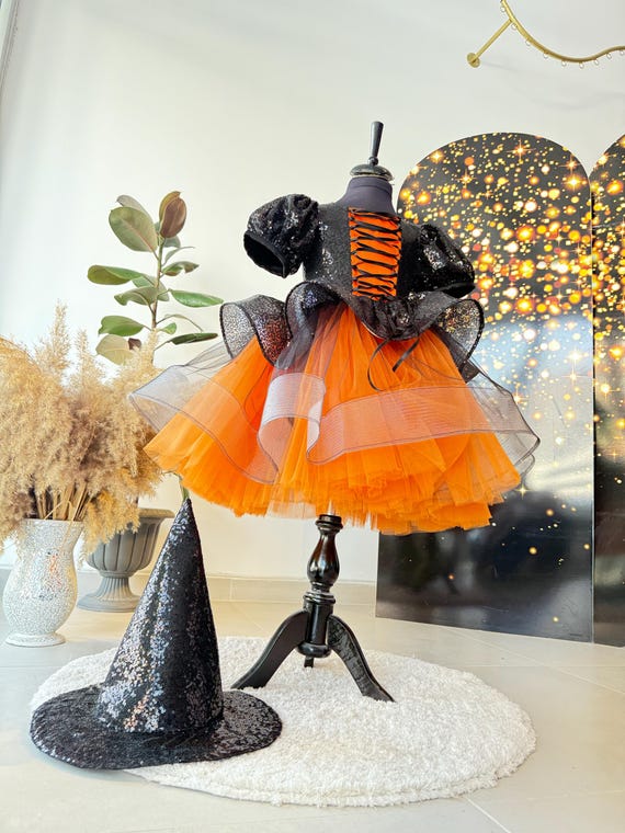 Witch Costume Girl: Black and Orange Tulle Dress With Hat, Hallowen Costume