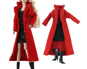 Red Doll Coat - Sequins Cocktail Dress for Dolls with Black Boots
