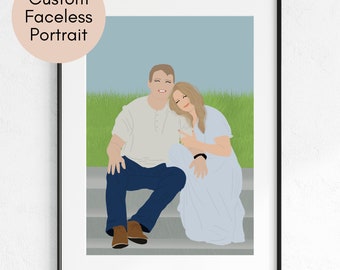 May include: A faceless illustration of a couple sitting on a set of stairs. The man is wearing a white shirt and blue jeans. The woman is wearing a light blue dress. They are sitting outdoors with green grass behind them.