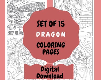 May include: A set of 15 digital dragon coloring pages for download. The image shows a sample page with a dragon sleeping and the text "Sleep all day."