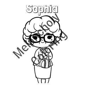 May include: A black and white line drawing of a cartoon character with a large, curly hairstyle, wearing glasses and a dress. The character is holding a round object in their hands. The word "Sophia" is written above the character.