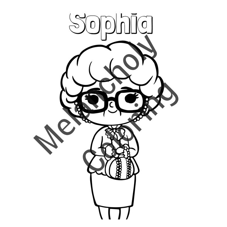 May include: A black and white line drawing of a cartoon character with a large, curly hairstyle, wearing glasses and a dress. The character is holding a round object in their hands. The word "Sophia" is written above the character.