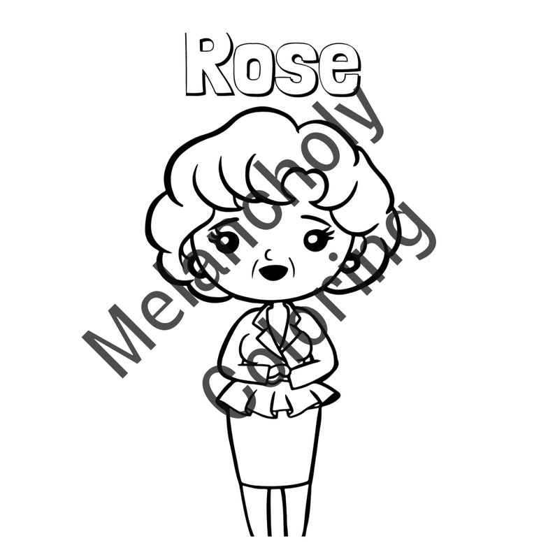 May include: Black and white line drawing of a cartoon character with short curly hair, wearing a jacket and skirt. The character is named "Rose".
