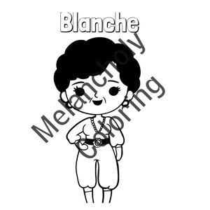 May include: Black and white line art illustration of a cartoon character with short curly hair, wearing a necklace and a belt. The character is smiling and has the word "Blanche" written above her head.