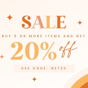 K&ouml;nnte beinhalten: Eine Verkaufsanzeige mit einem farbenfrohen Grafikdesign. Kaufen Sie 5 oder mehr Artikel und erhalten Sie 20% Rabatt mit dem Code GET20.