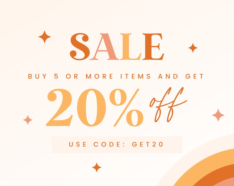 K&ouml;nnte beinhalten: Eine Verkaufsanzeige mit einem farbenfrohen Grafikdesign. Kaufen Sie 5 oder mehr Artikel und erhalten Sie 20% Rabatt mit dem Code GET20.