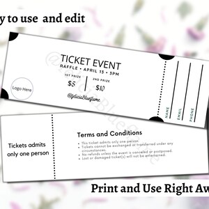 Black and White Ticket, Blank Editable Raffle Template Ticket, Diy ...