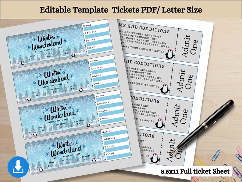Winter Wonderland Ticket, Ticket Sheet , Editable Ticket Template Ticket, Diy Ticket, Custom ...