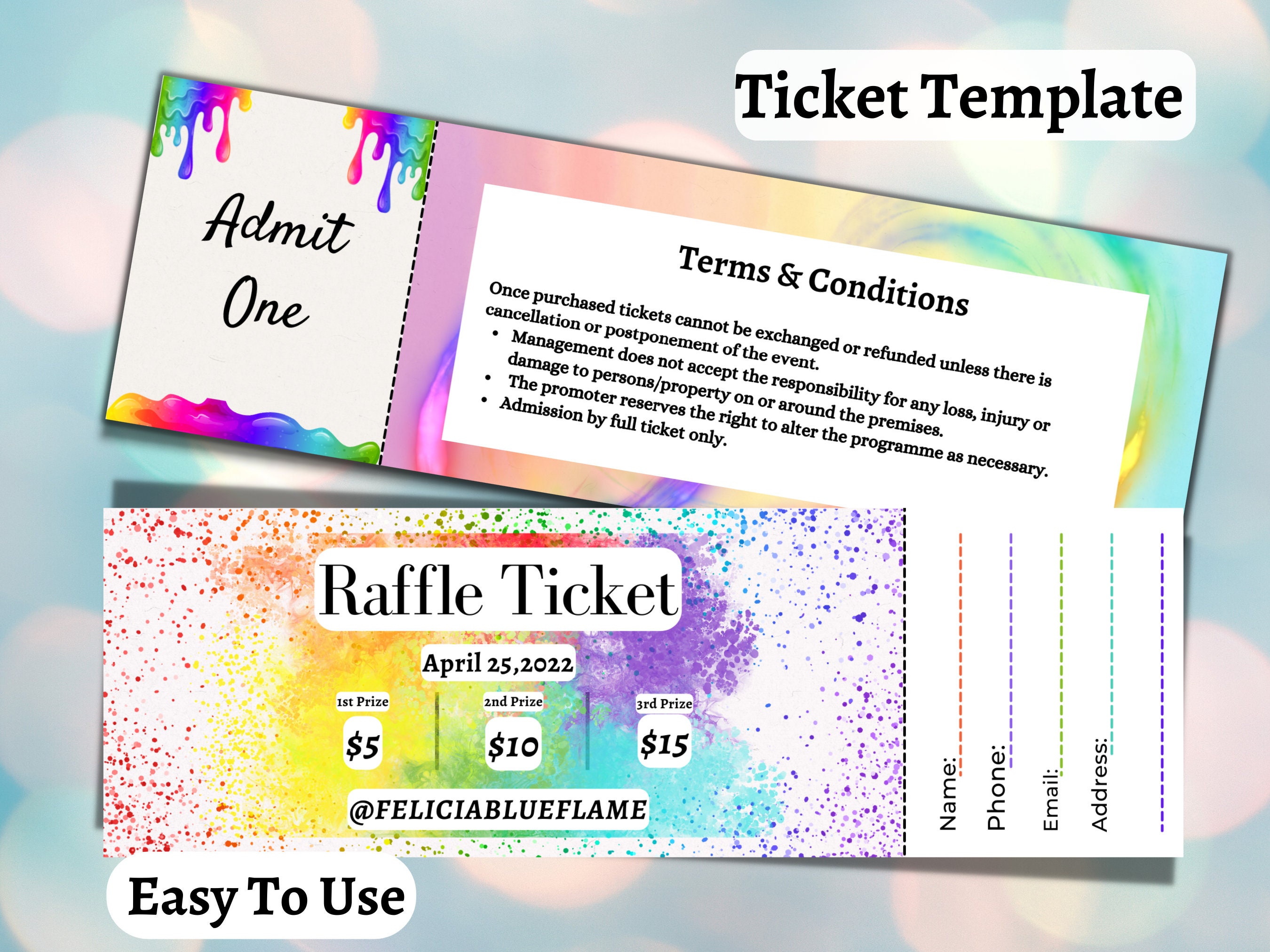 Editable Raffle Template Ticket, Diy Ticket, Custom Ticket, Rainbow ...