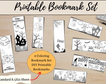 May include: A set of eight printable Halloween-themed bookmarks featuring black and white line art designs including ghosts, pumpkins, haunted houses, bats, and the text Happy Halloween and Boo. The set is presented on a standard 8.5x11 sheet.