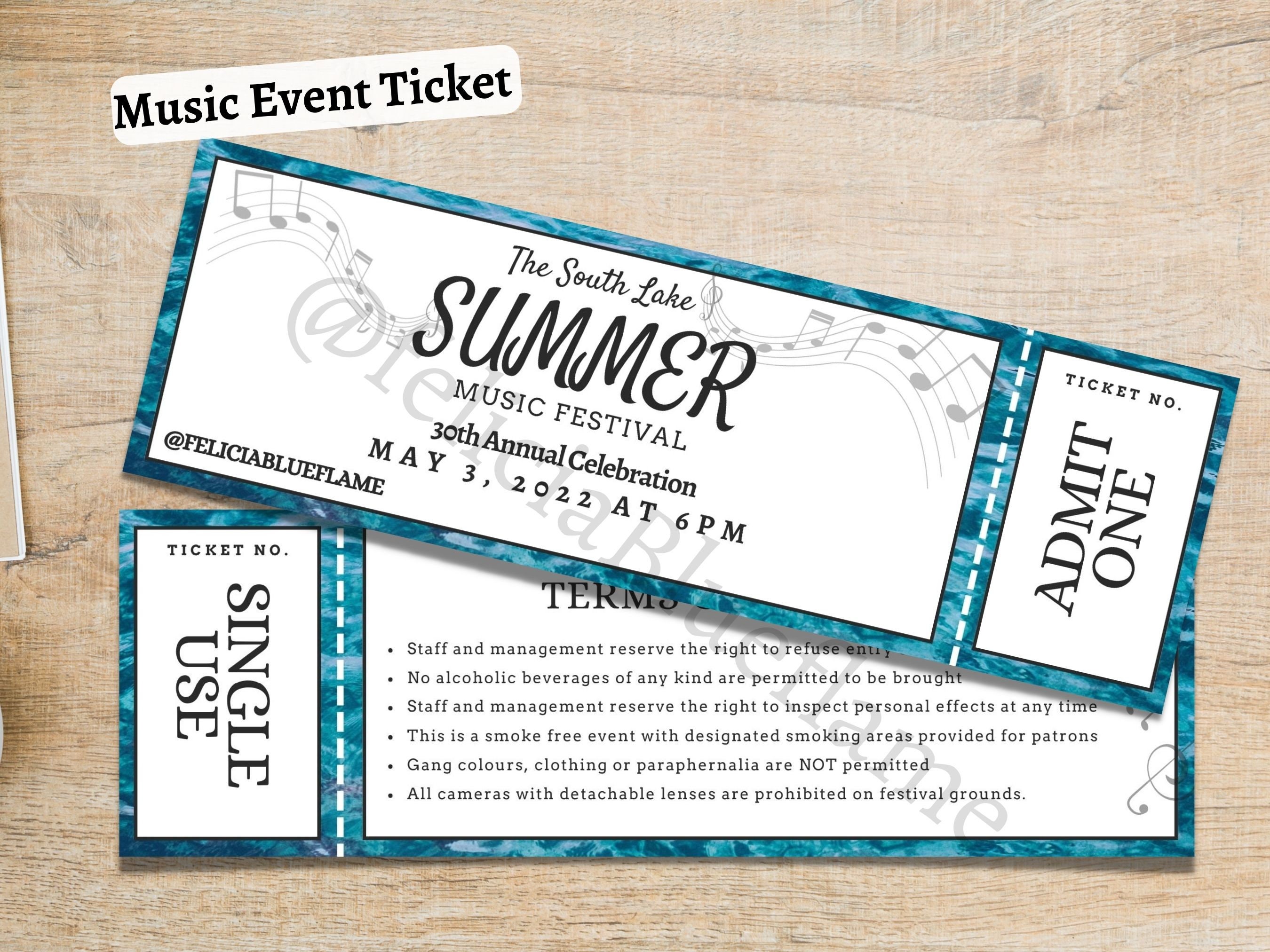 Blue Ticket, Printable Ticket, Event Ticket, Music Event Template ...