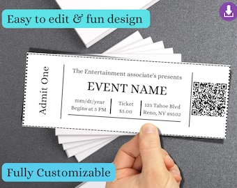 May include: A white rectangular event ticket with black text and a QR code. The ticket features the text Admit One, The Entertainment associate's presents, EVENT NAME, mm/dt/year, Begins at 5 PM, Ticket $5.00, and 123 Tahoe Blvd Reno, NV 89502.