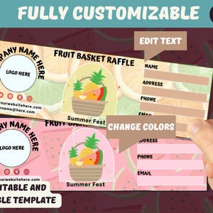 Könnte beinhalten: Druckbare und editierbare Tombola-Ticketvorlage mit einem Obstkorb-Design. Die Vorlage enthält Bereiche für ein Firmenlogo, eine Website und Kontaktinformationen. Das Design zeigt einen Obstkorb und den Text "Summer Fest".