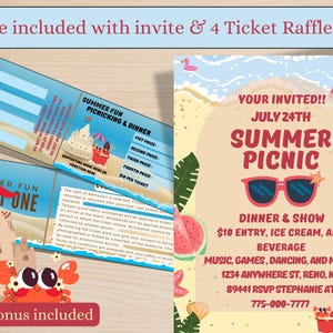 Può includere: Invito a un picnic estivo a tema spiaggia. Include biglietti per una lotteria e un bonus. L'invito presenta un fenicottero, occhiali da sole e un'anguria. I biglietti hanno sezioni da compilare.