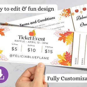 Printable Raffle, Editable Raffle Template Ticket, Diy Ticket, Custom Ticket, Autumn Color Raffle Ticket sheet template