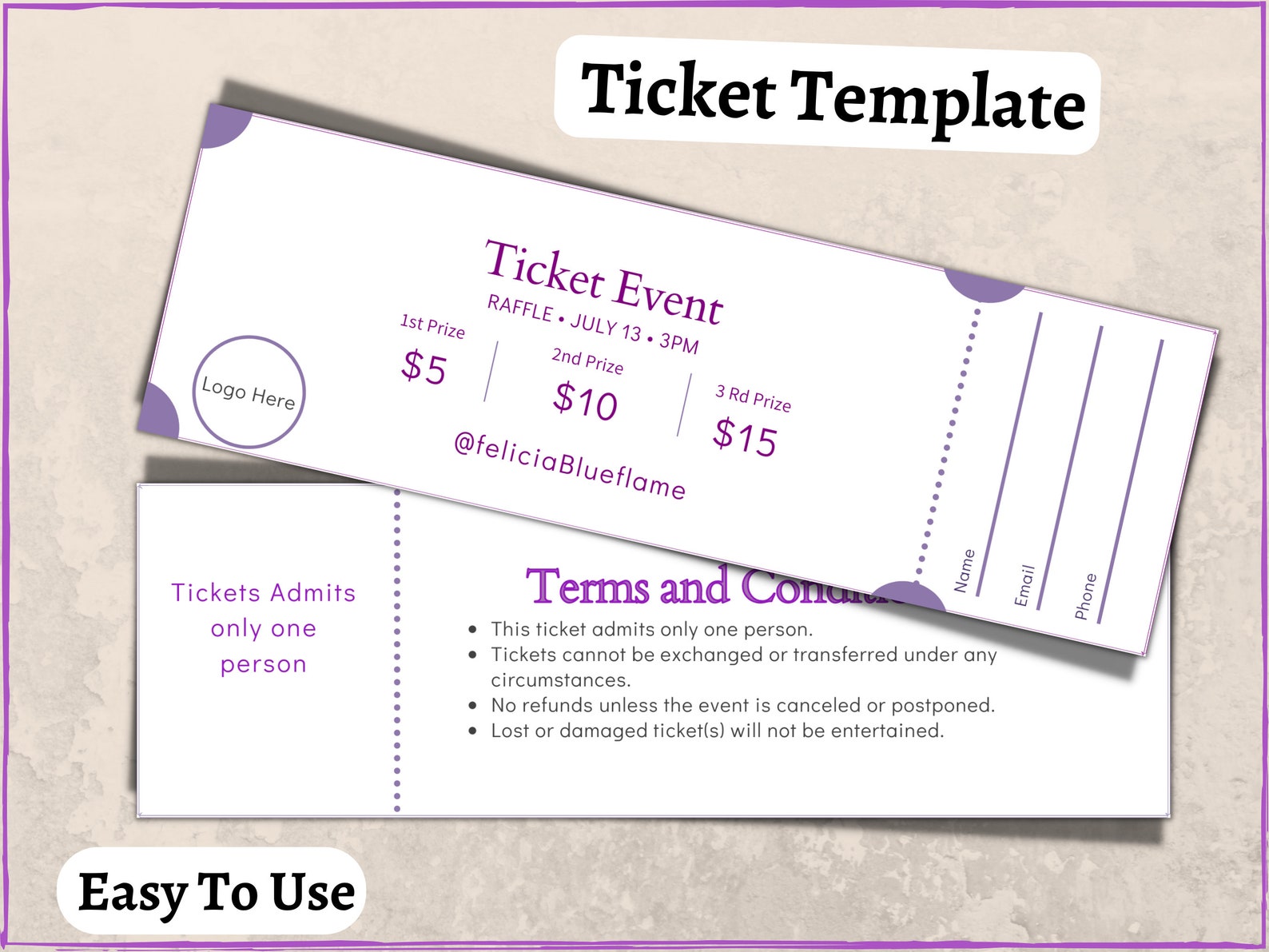 Purple Ticket, Blank Editable Raffle Template Ticket, Diy Ticket ...