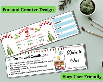 Rood, groen en blauw ticket, afdrukbare loterij, bewerkbaar sjabloonticket, doe-het-zelfticket, aangepast ticket, loterijkaarten Santa North Pole