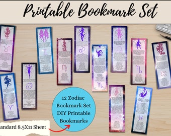 Zodiac bookmarks, Instant download, Zodiac set, Celestial bookmark set, Printable Bookmark, 12 Zodiac