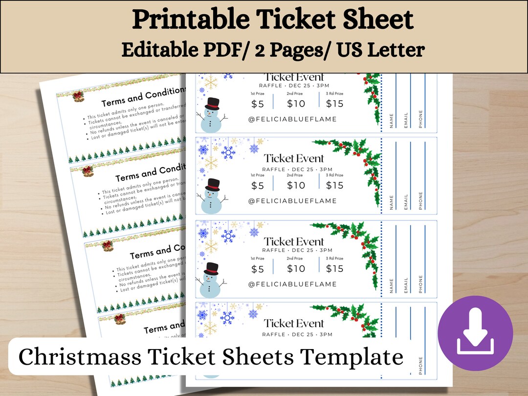 Christmas Ticket, Printable, Ticket Sheet , Editable Ticket Template ...