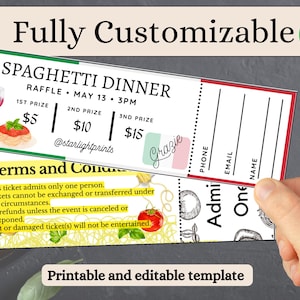 Spaghetti Dinner 4 Ticket & Raffle Vorlage | Druckbares italienisches Abendessen einladen, Fundraiser einladen, Los