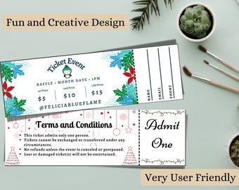 Groen en blauw ticket, afdrukbare loterij, bewerkbaar sjabloonticket, doe-het-zelfticket, aangepast ticket, bladsjabloon loterijticket winterkleur