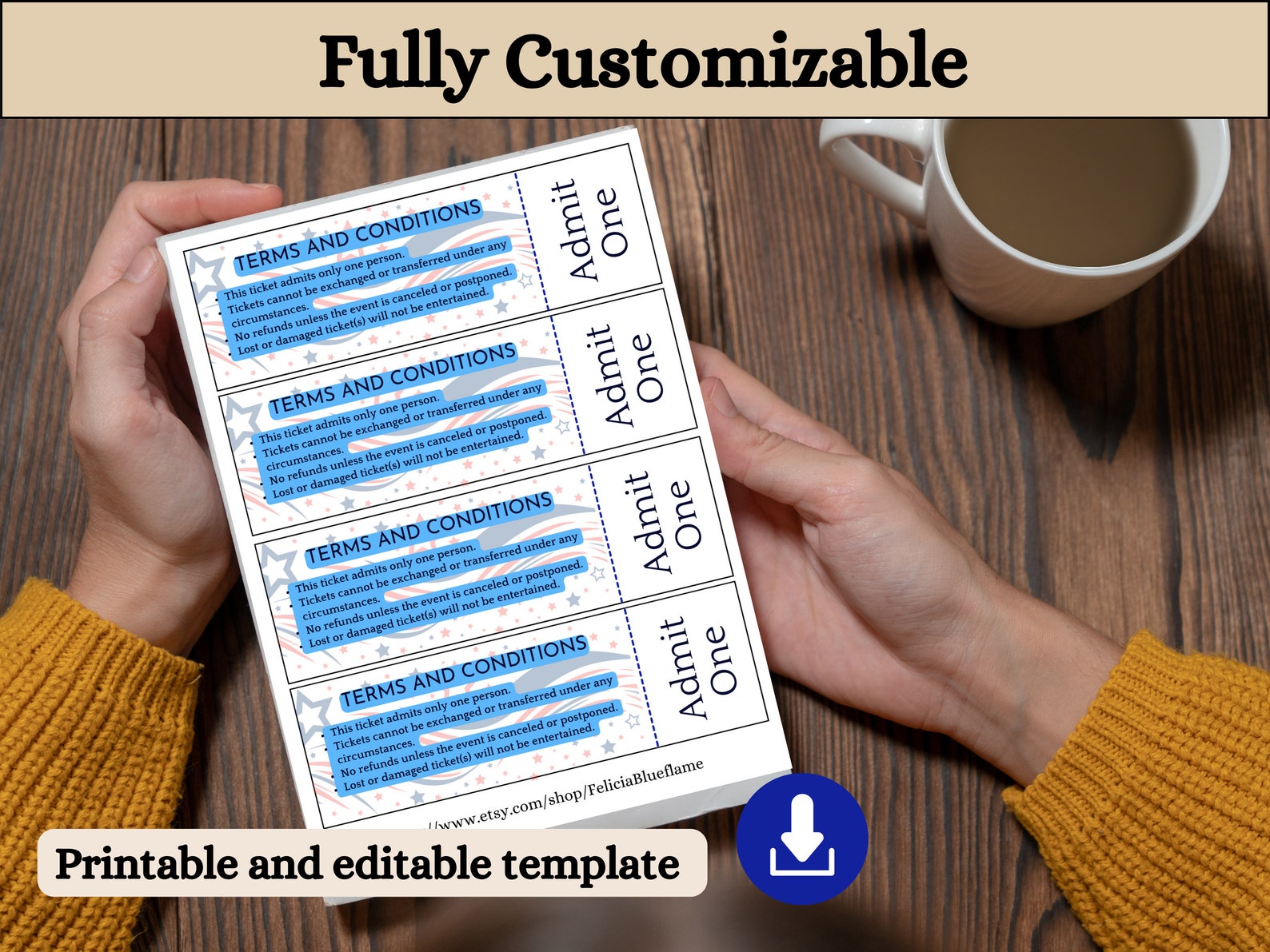 Printable Raffle Tickets Blue Light and Dark Blue Ticket, Blank Editable Raffle Template Ticket, Diy ...